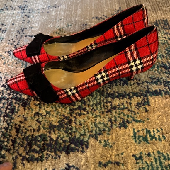 Lord & Taylor Red Plaid Heels with Black Bow - Picture 2 of 7